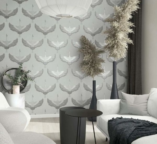 Japandi-henkinen Marburg Kyoto -kurkitapetti harmaan ja metallinhohdon sävyisenä